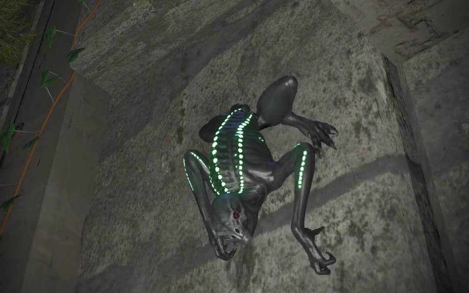 The creature clinging to a concrete wall, head down