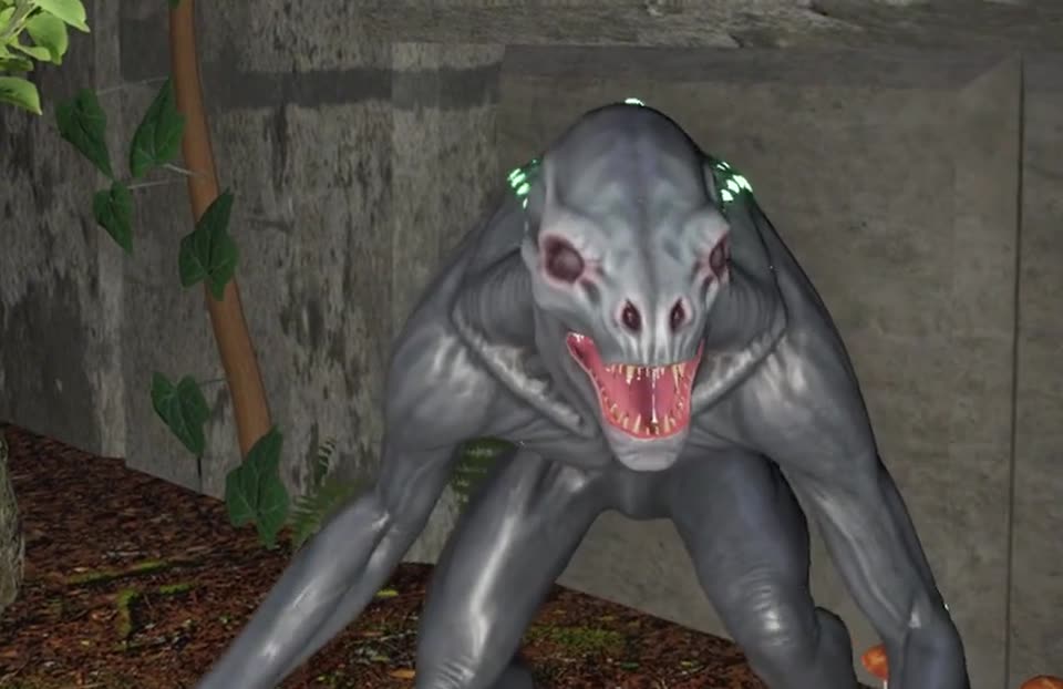 The creature standing in a flashlight beam, mouth open